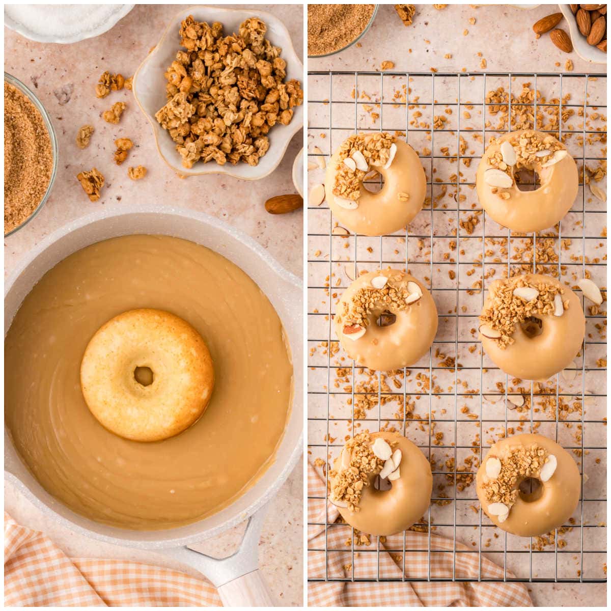 Collage of glazing the donuts.