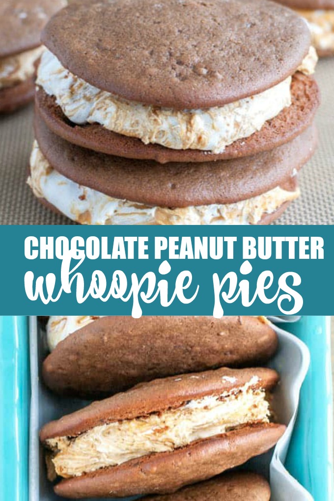 Chocolate Peanut Butter Whoopie Pies - A dessert lover's dream! Marshmallow fluff swirled with peanut butter sandwiched between two soft chocolate cookies. 
