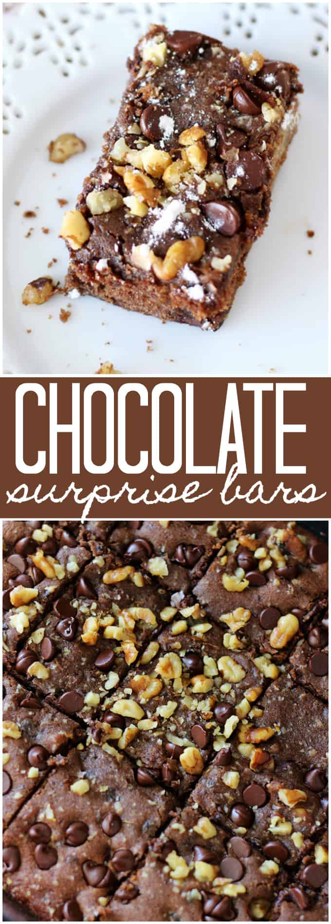 Chocolate Surprise Bars - Topped with crumbled walnuts and rich chocolate morsels, these are the easiest and most delicious homemade bars you’ll ever make!