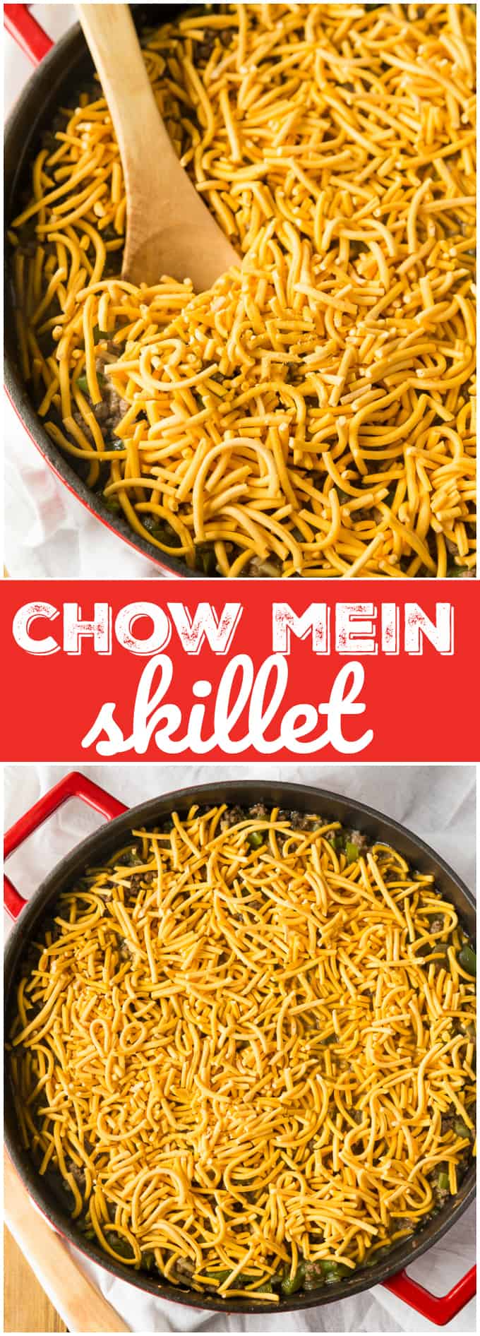 Chow Mein Skillet - A one-pot meal topped with a delightful crunch! This beef and peppers main dish is covered with traditional Chinese noodles for a new and exciting weeknight dinner.