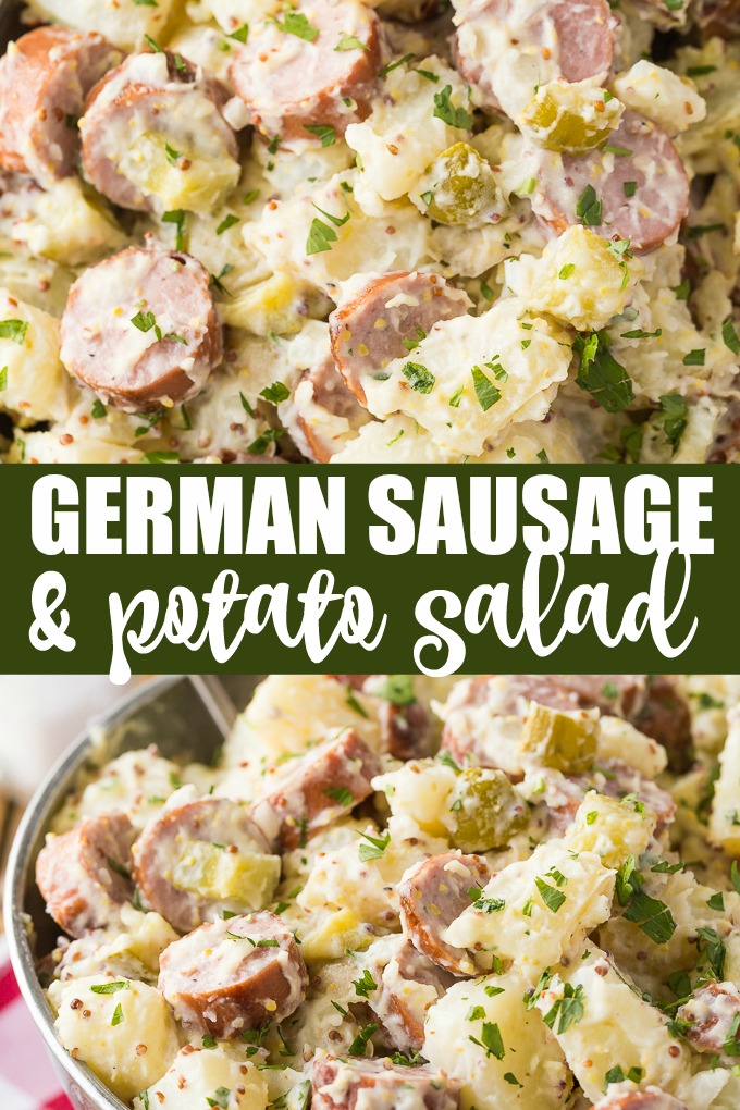 German Sausage & Potato Salad - This side dish is a whole meal! This smoky potato salad is filled with chicken sausage and a flavorful dressing with mustard.
