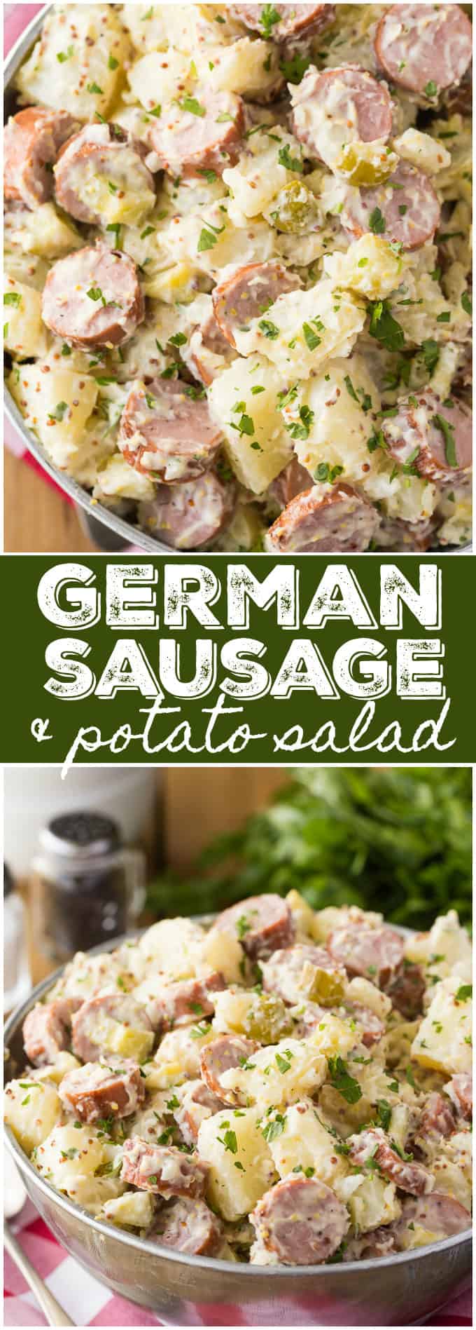 German Sausage & Potato Salad - This side dish is a whole meal! This smoky potato salad is filled with chicken sausage and a flavorful dressing with mustard.