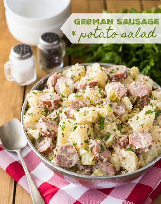 German Sausage & Potato Salad - This side dish is a whole meal! This smoky potato salad is filled with chicken sausage and a flavorful dressing with mustard.