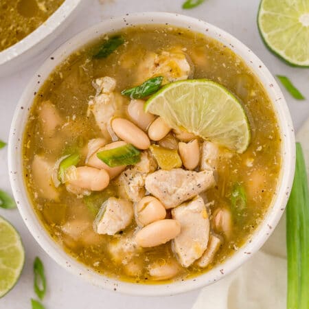 A bowl of salsa verde chicken soup.