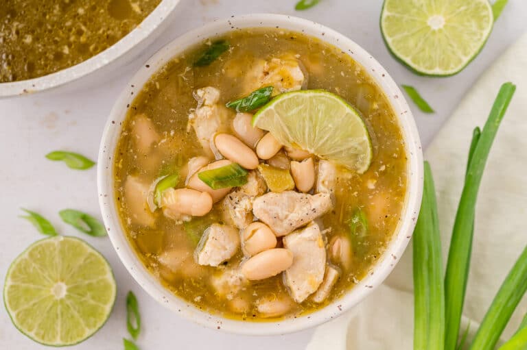A bowl of salsa verde chicken soup.