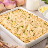 Turnip casserole in a white pan.
