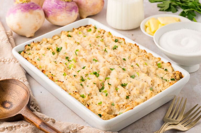Turnip casserole in a white pan.
