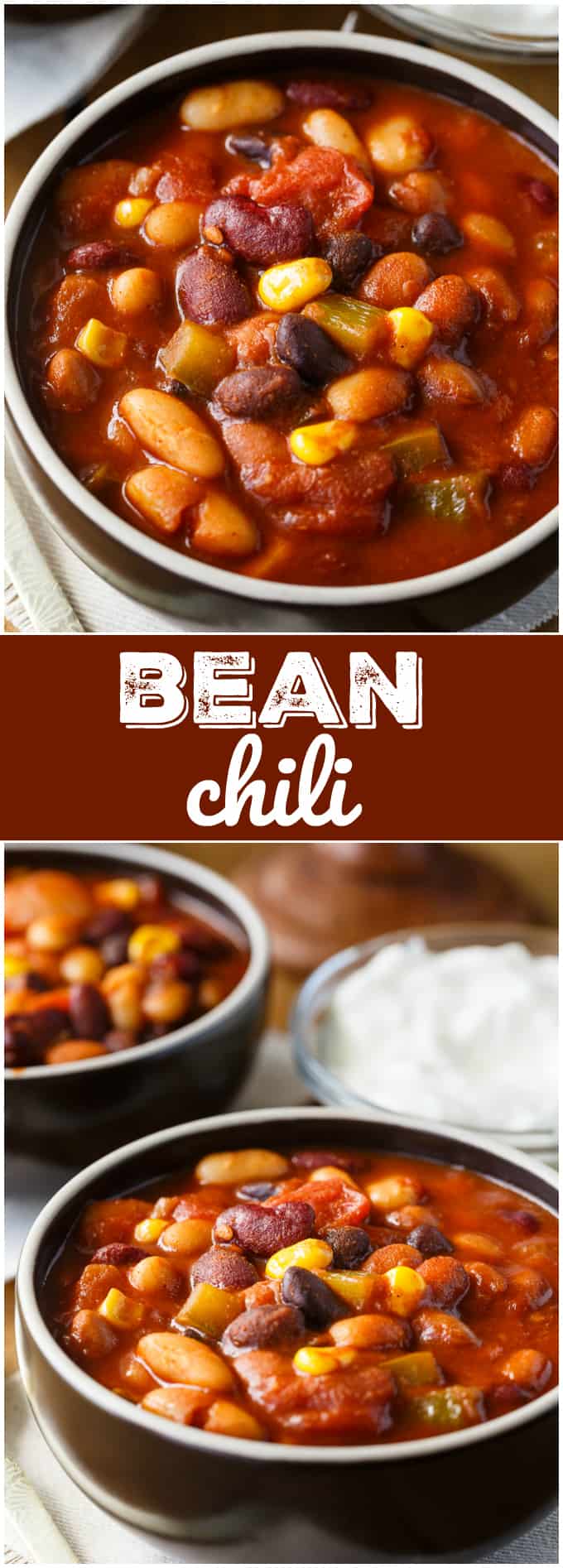 Bean Chili - The heartiest meat-free chili recipe! Use four different kinds of canned beans in this comfort food classic with peppers, corn, and tomatoes.