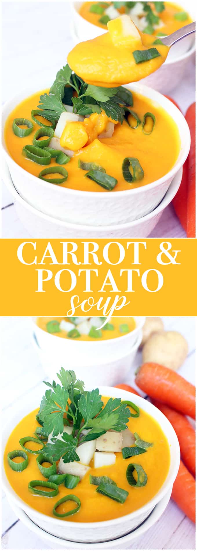 Carrot and Potato Soup - This super creamy vegetarian soup is filled with warm flavors of sweet carrots and yummy potatoes with ginger, parsley, and sour cream.