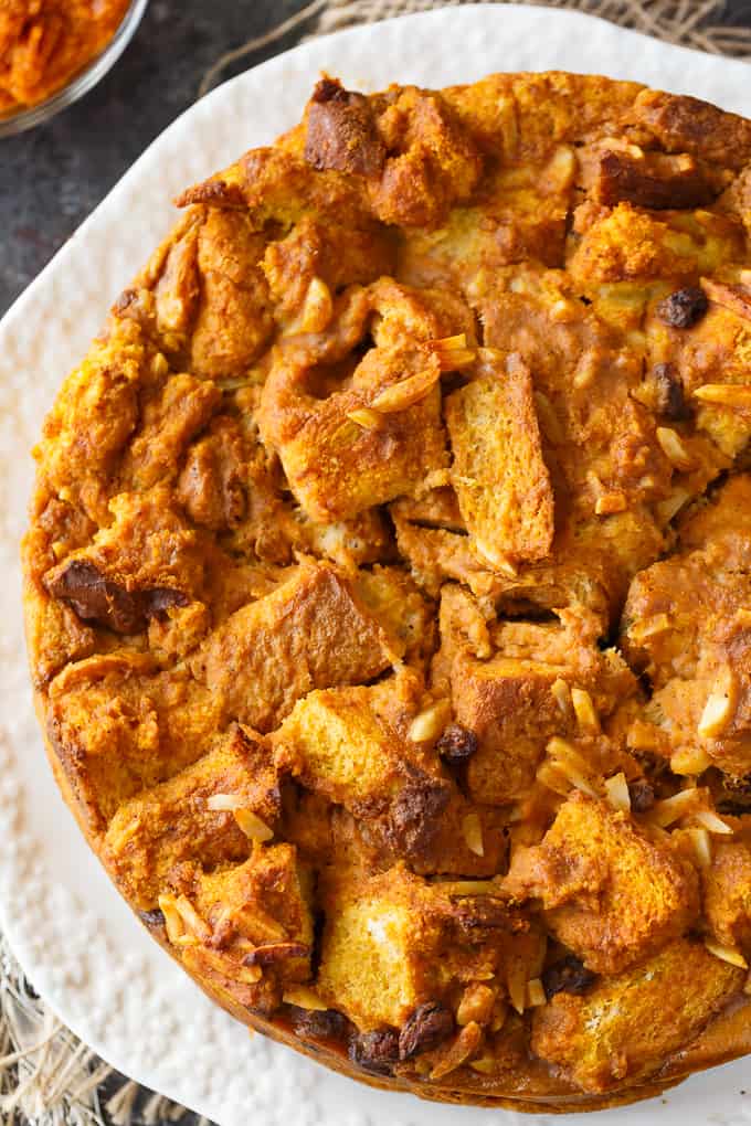 Pumpkin Bread Pudding - A delicious fall pudding packed with pumpkin flavor! This easy dessert is perfect for Thanksgiving.