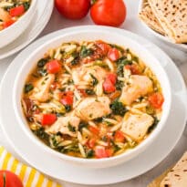 Greek Chicken Orzo Soup in a bowl.