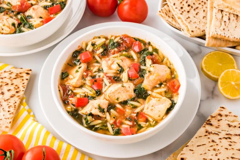 Greek Chicken Orzo Soup in a bowl.