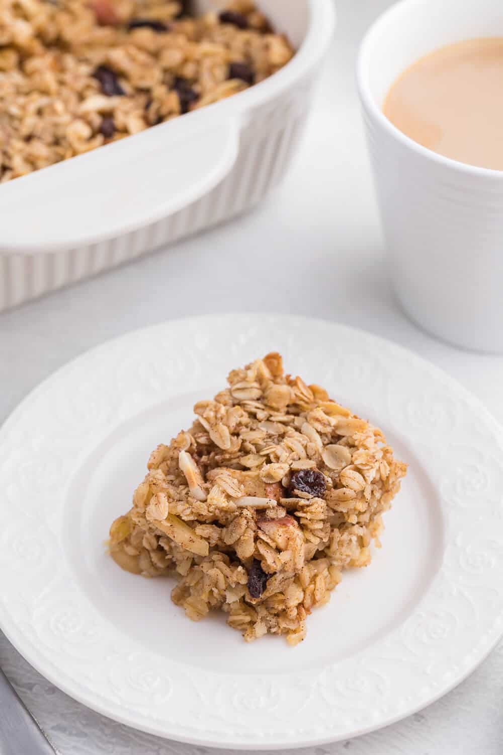Oatmeal Casserole - This baked oatmeal is hearty, warm and filling. Loaded with apples, raisins and almonds, or whatever your favourite additions are, the whole family is sure to enjoy it!