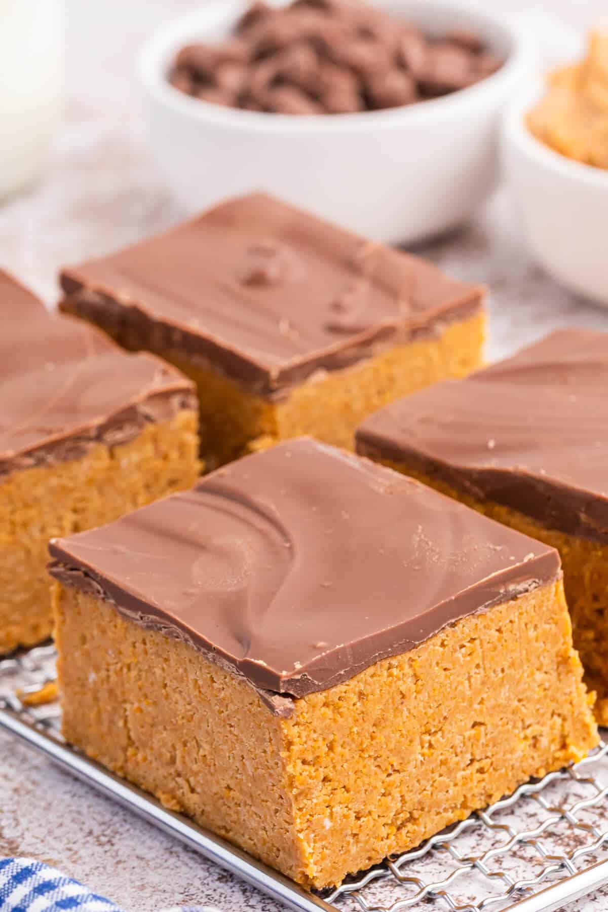 Peanut butter bars on a wire cooling rack.