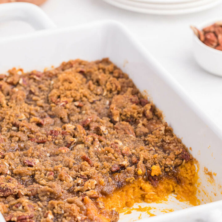 Sweet potato casserole with servings out of it