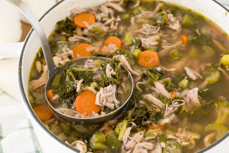Very veggie chicken and rice soup with a ladle.