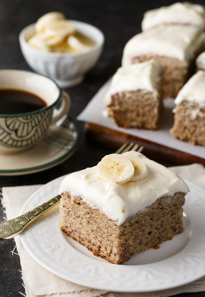 Banana Cake - An amazingly moist cake covered in cream cheese frosting. A perfect use for brown bananas!