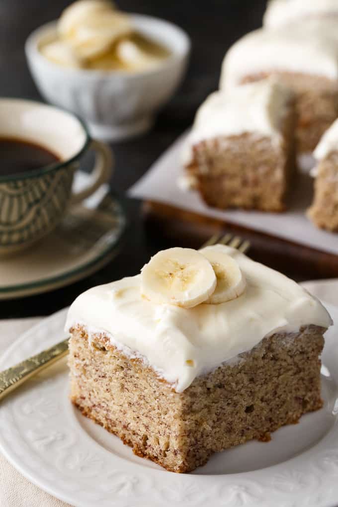 Banana Cake - An amazingly moist cake covered in cream cheese frosting. A perfect use for brown bananas!