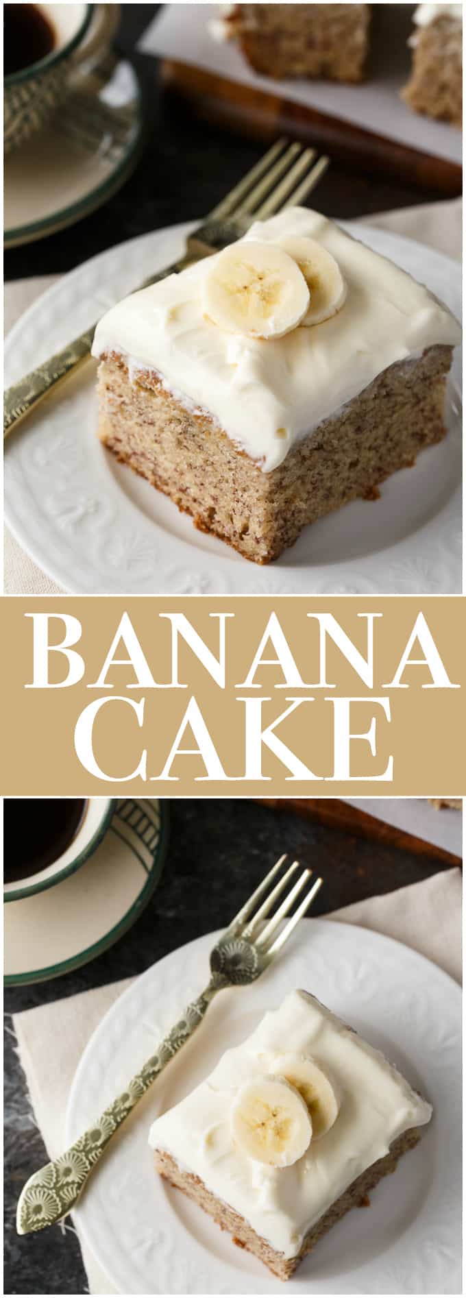 Banana Cake - An amazingly moist cake covered in cream cheese frosting. A perfect use for brown bananas!