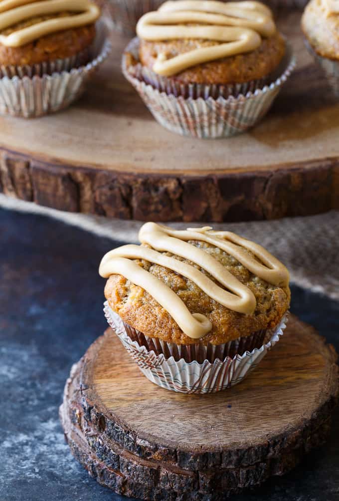 Caramel Banana Muffins - Incredibly moist and flavourful banana muffins topped with a sinfully sweet ribbon of homemade caramel.