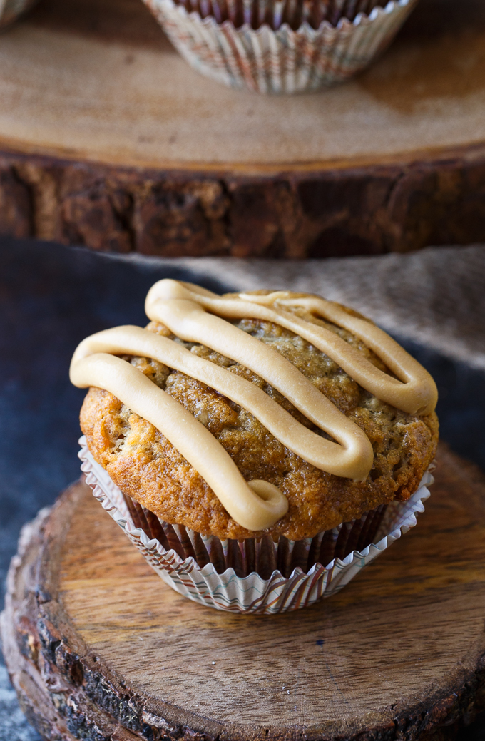 Caramel Banana Muffins - Incredibly moist and flavourful banana muffins topped with a sinfully sweet ribbon of homemade caramel.