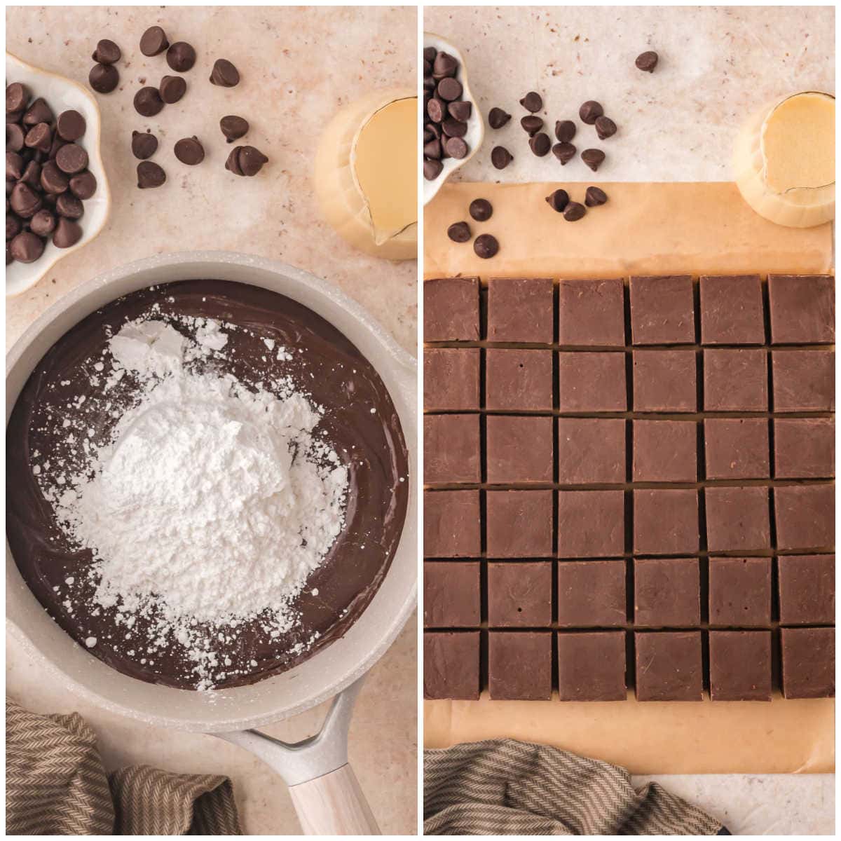 Collage of ingredients in a pot and cutting the fudge into squares.