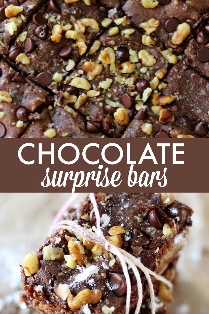 Chocolate Surprise Bars - Chocolate Surprise Bars - Topped with crumbled walnuts and rich chocolate morsels, these are the easiest and most delicious homemade bars you’ll ever make!