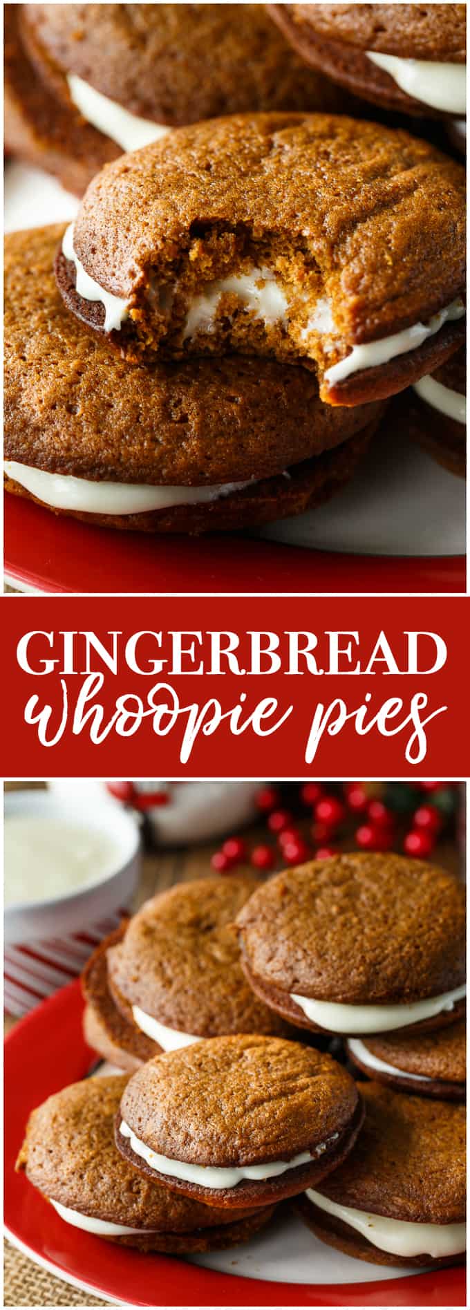 Gingerbread Whoopie Pies - Each bite is a burst of holiday flavours with the spicy gingerbread cake and the creamy, sweet richness of the cream cheese filling.