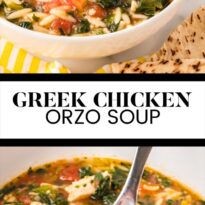 Greek chicken orzo soup pin collage.