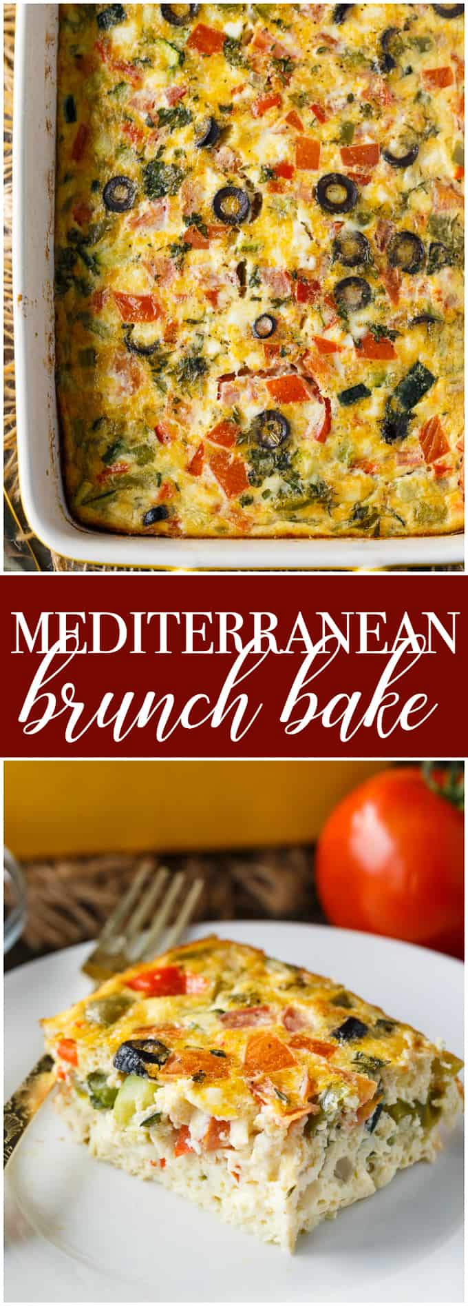 Mediterranean Brunch Bake - Packed with the distinct flavours of the Mediterranean, including salty feta and olives, fresh herbs and loads of veggies, this is the perfect vegetarian brunch dish!