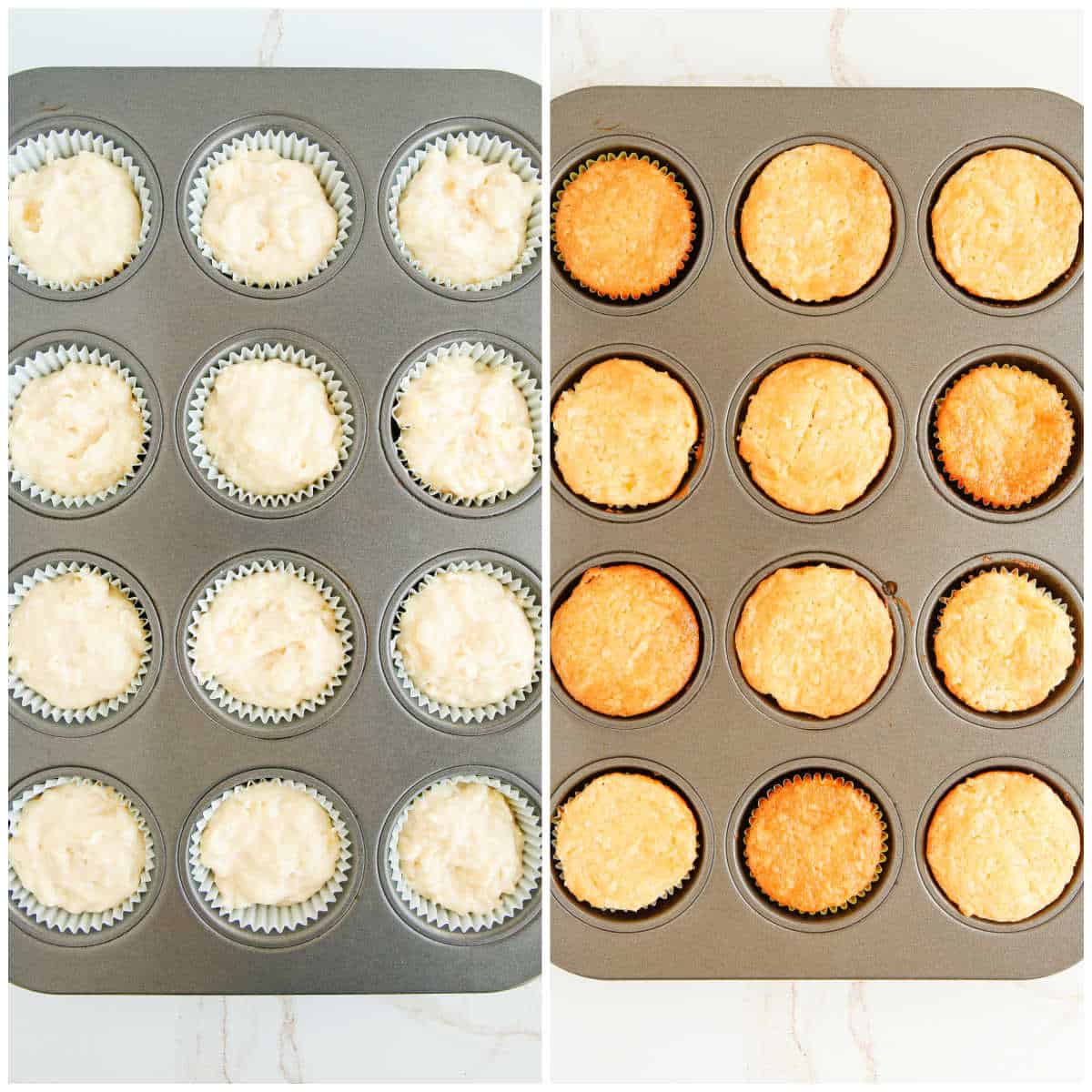 Steps to make pina colada muffins.