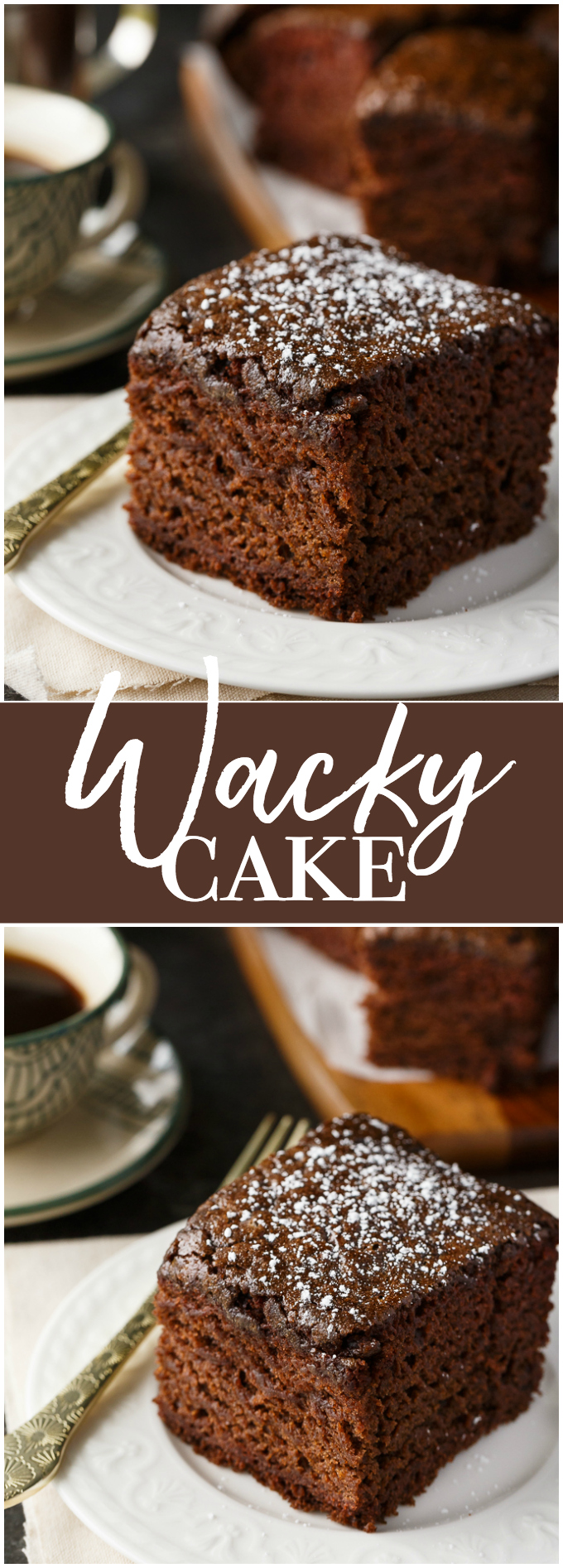 Wacky Cake - Moist, chocolatey and easy to make! This vintage cake was popular in the Depression era and contains no butter, milk or eggs.