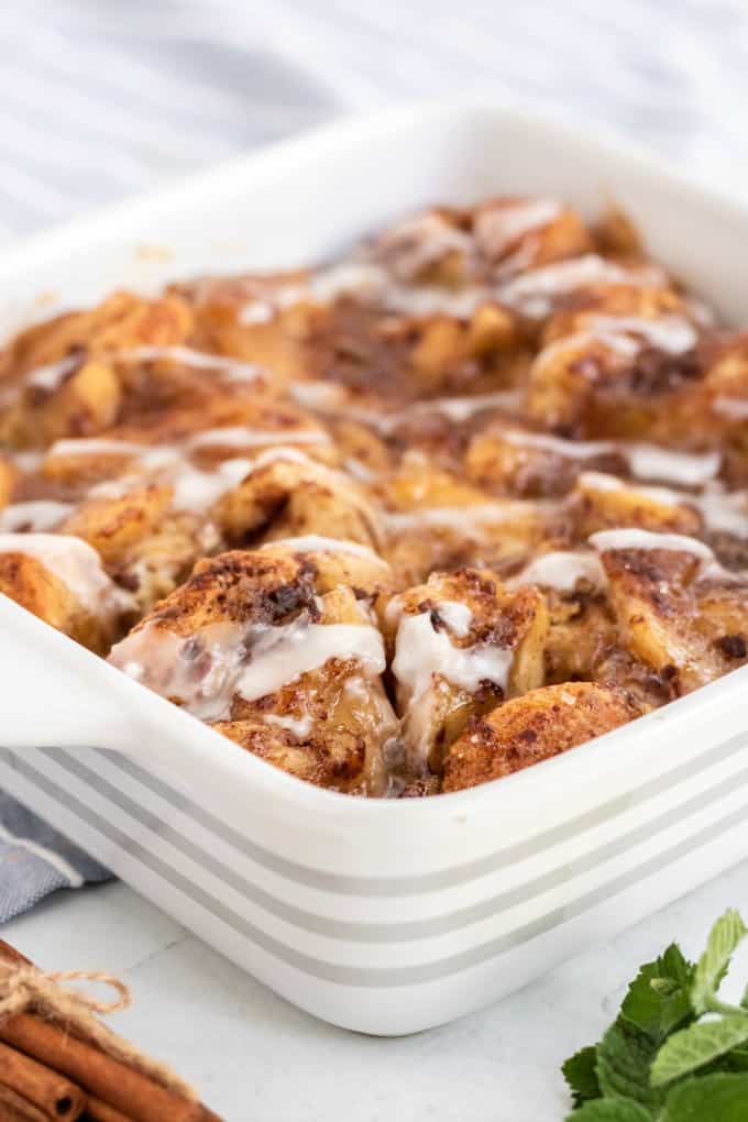 The recipe in a white casserole.