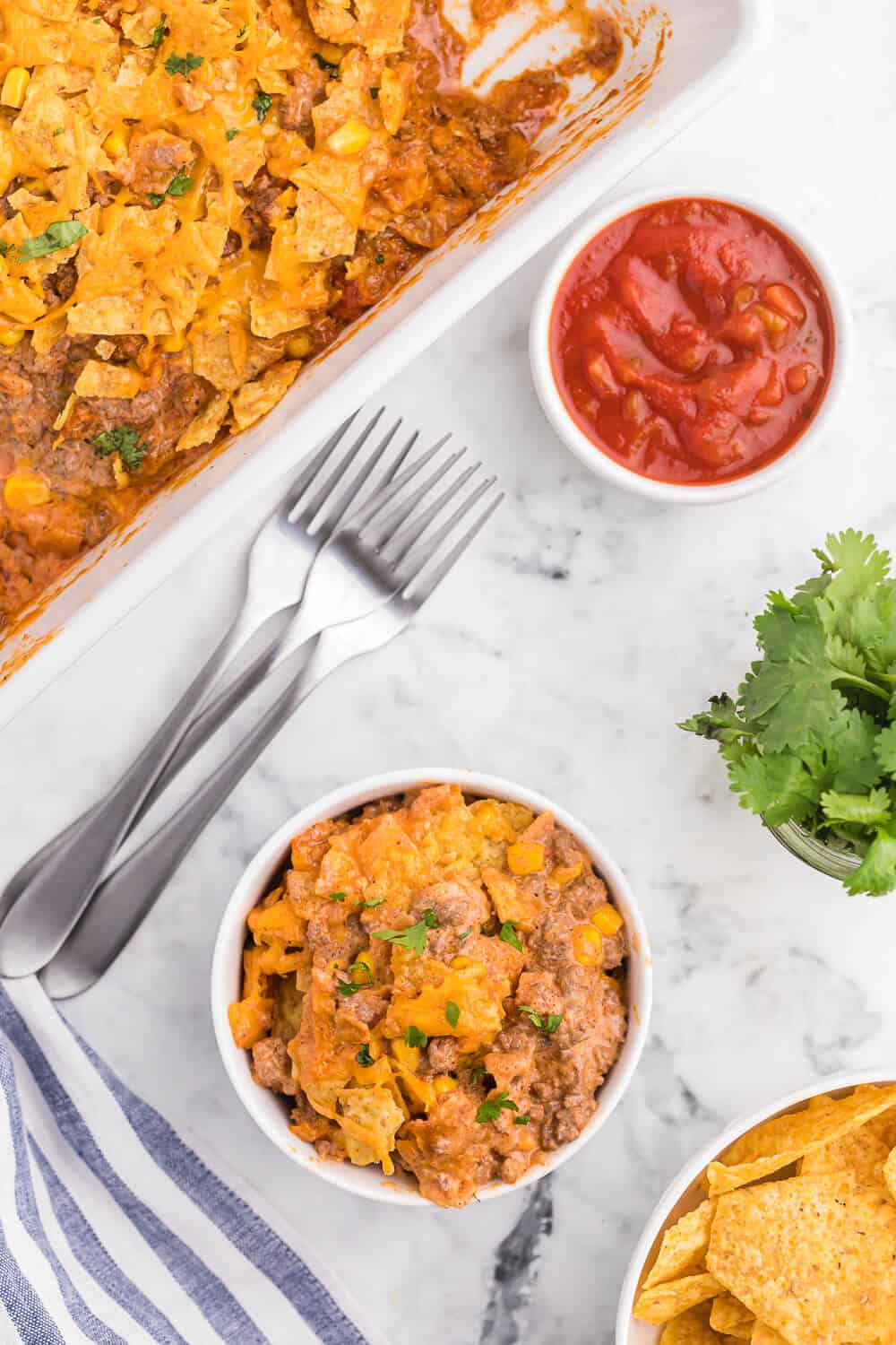 Beef nacho bake served in a bowl.