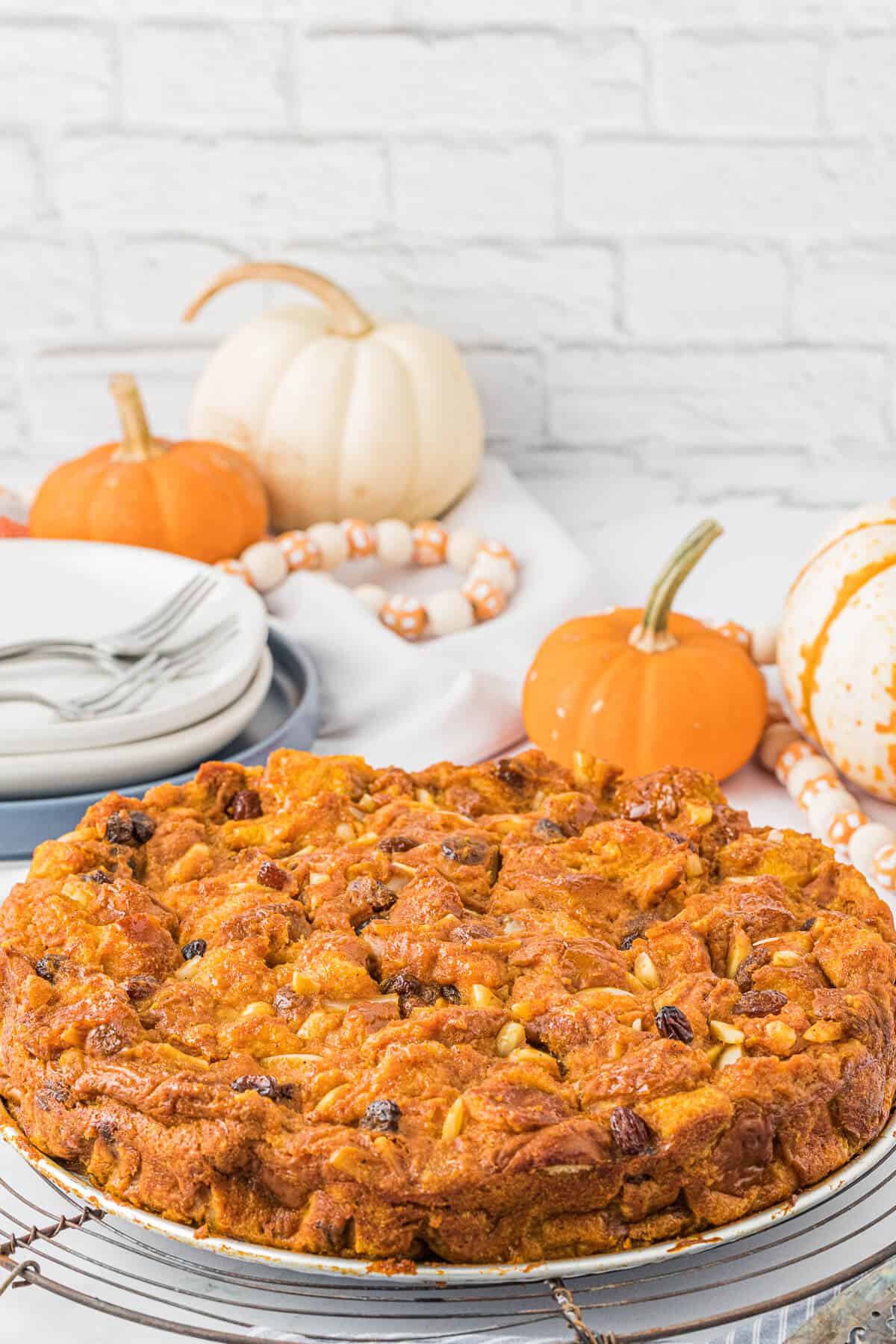 Pumpkin bread pudding on a platter.