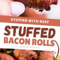 Stuffed Bacon Rolls - A great party appetizer! Smoky bacon wrapped around juicy meatballs for a meaty snack.