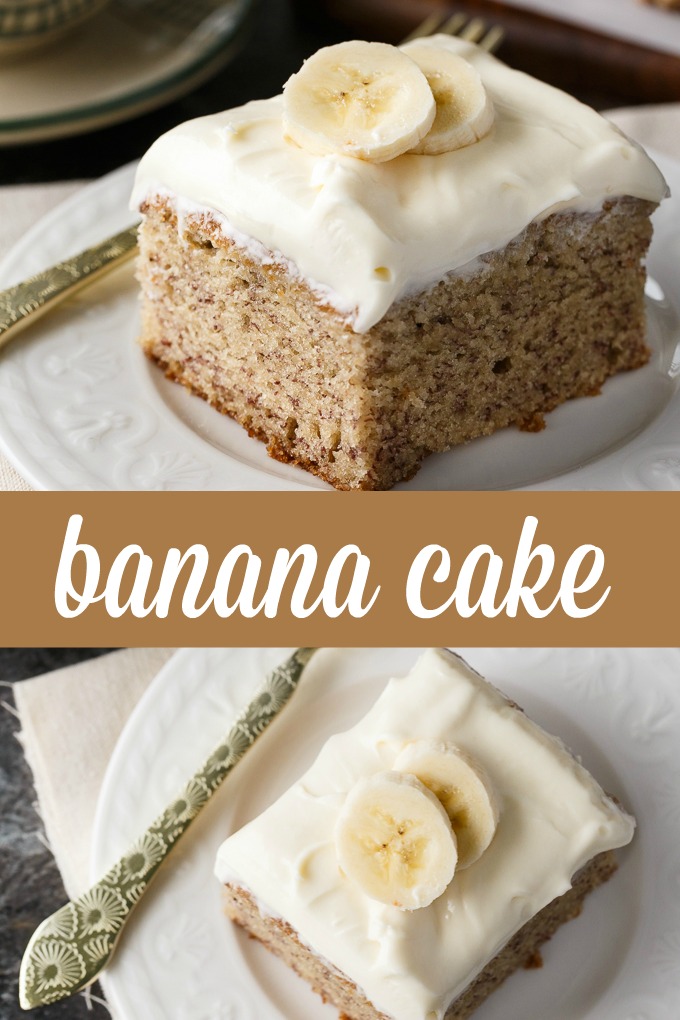 Banana Cake - An amazingly moist cake covered in cream cheese frosting. A perfect use for brown bananas!