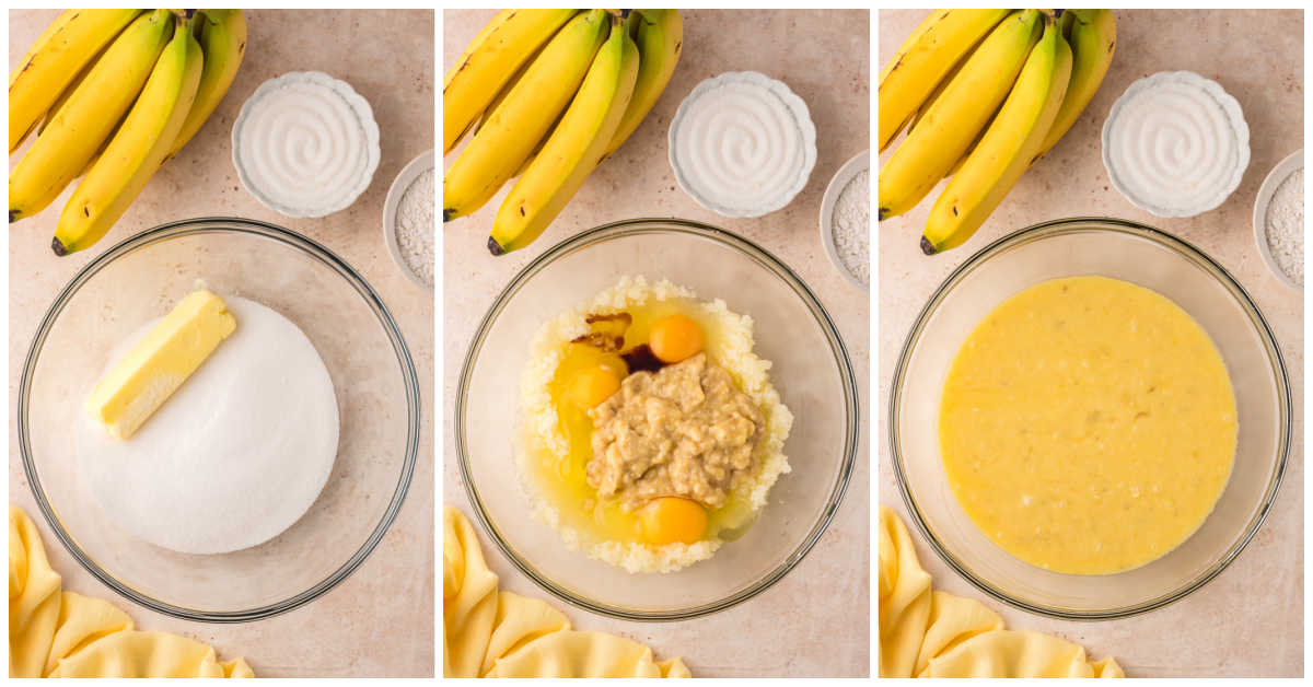 Collage of mixing the ingredients in a bowl.