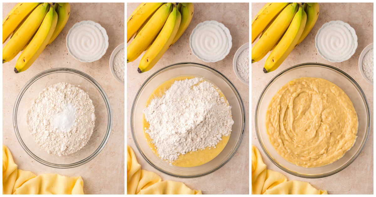 Collage of mixing ingredients in a bowl.