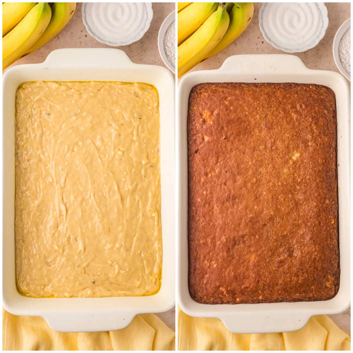 Collage of baking the cake in a pan.