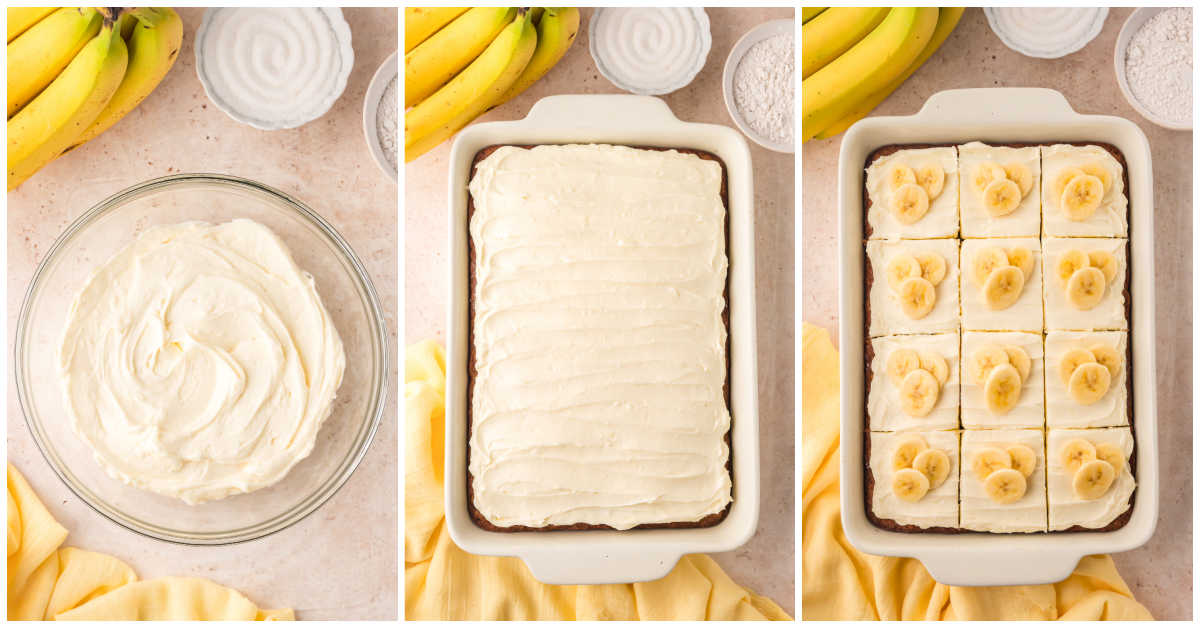 Collage of making the frosting and frosting the cake.
