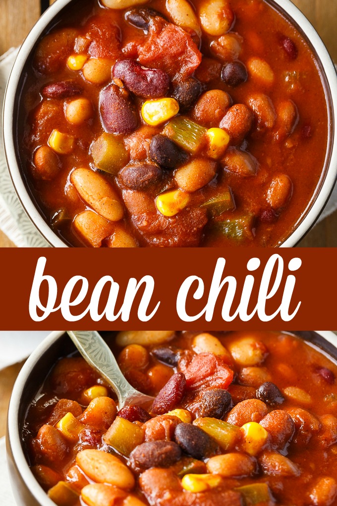 Bean Chili - The heartiest meat-free chili recipe! Use four different kinds of canned beans in this comfort food classic with peppers, corn, and tomatoes.