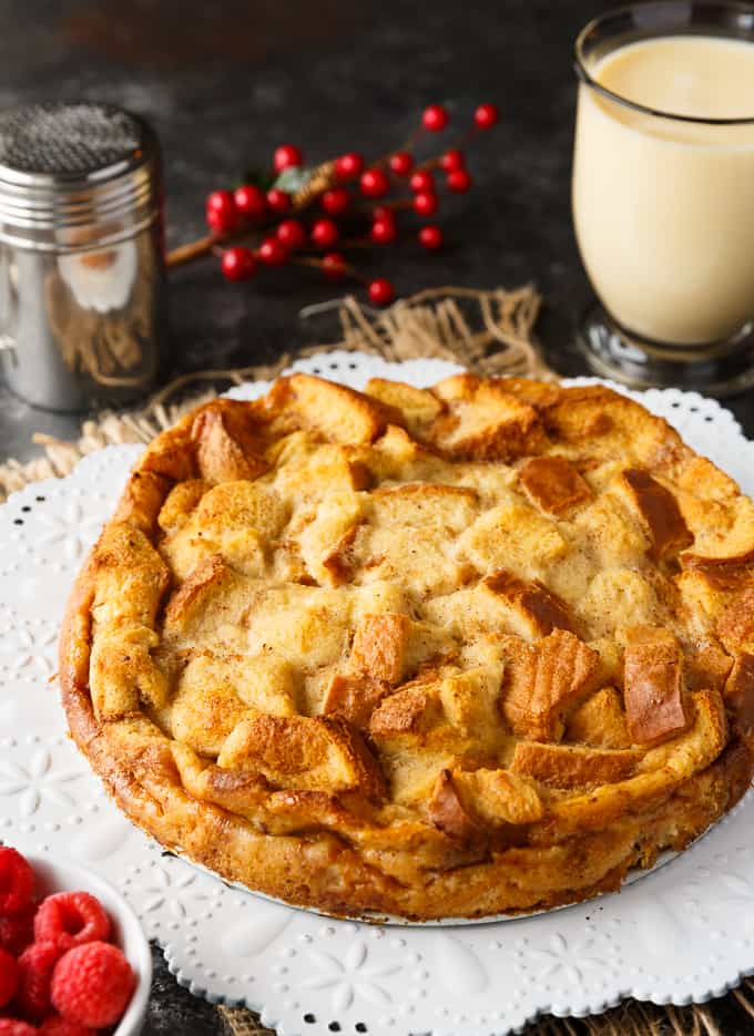 Eggnog Bread Pudding - A perfect Christmas dessert! This easy pudding is just bread, eggnog, eggs, sugar, vanilla, cinnamon and nutmeg for a delicious holiday taste.