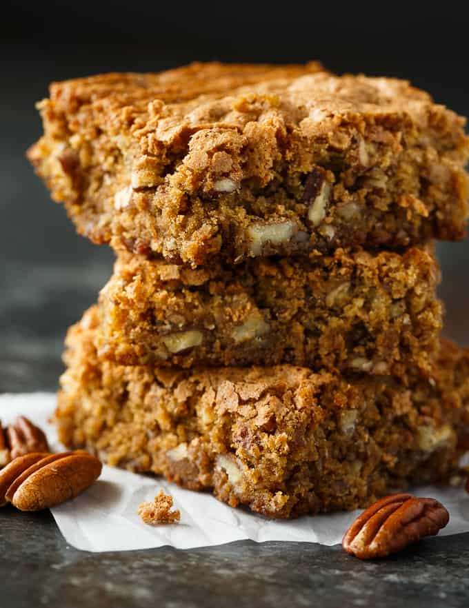 Pecan Cake Bars - Chewy, moist and incredibly delicious. The addition of pecans adds a lovely crunch to each bite.