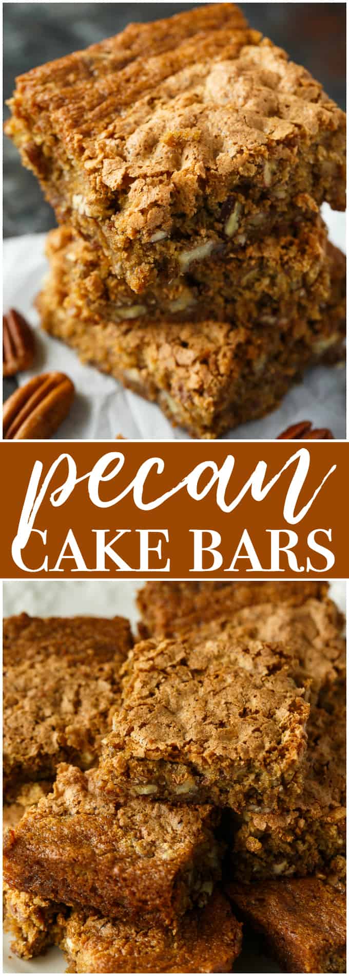 Pecan Cake Bars - Chewy, moist and incredibly delicious. The addition of pecans adds a lovely crunch to each bite.