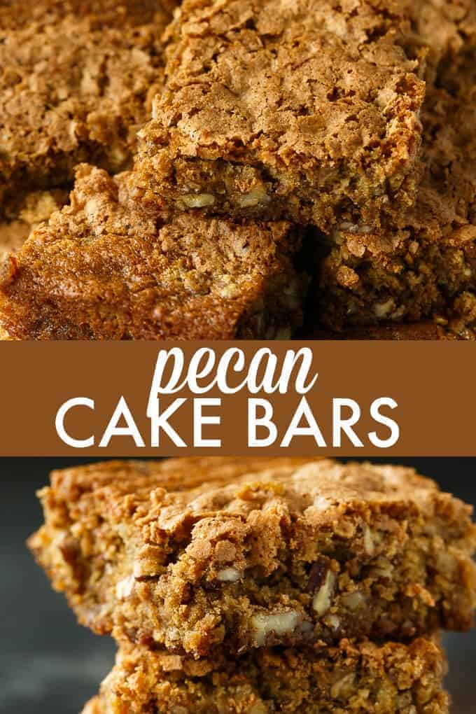 Pecan Cake Bars - Chewy, moist and incredibly delicious. The addition of pecans adds a lovely crunch to each bite.