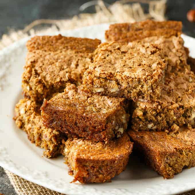 Pecan Cake Bars - Chewy, moist and incredibly delicious. The addition of pecans adds a lovely crunch to each bite.