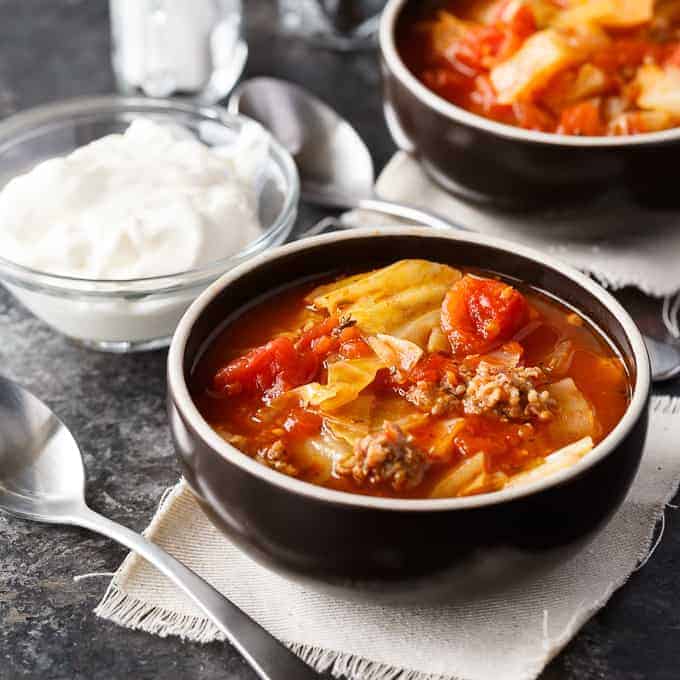 Sausage & Cabbage Soup - The best low carb soup! Crumbled Italian sausage and savory cabbage combine for the best one-pot recipe with just one step.
