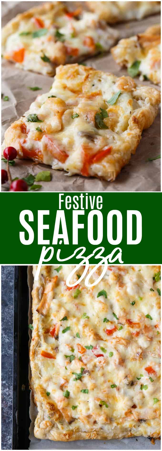 Festive Seafood Pizza - Enjoy the holidays with this shrimp and scallop dish! Perfect for dinner or an appetizer.