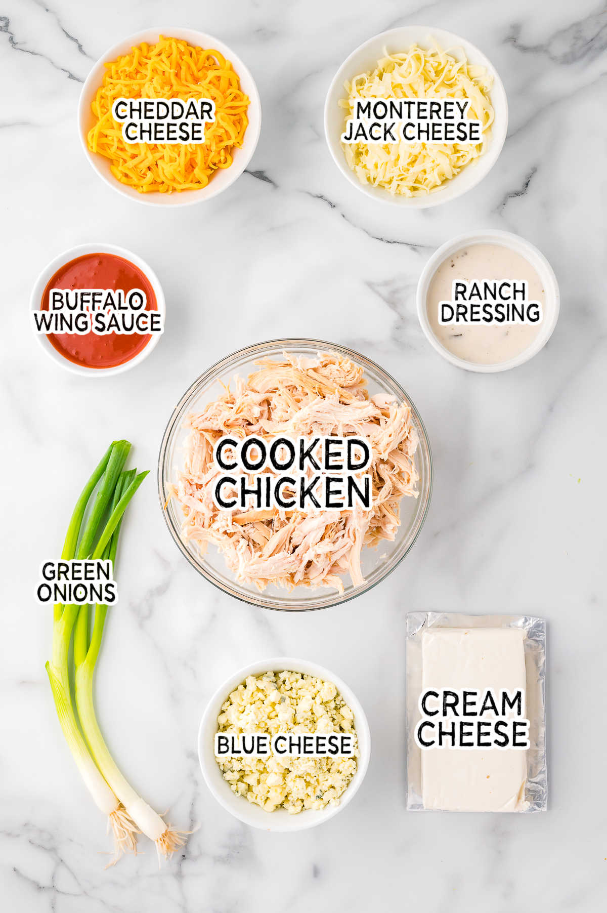 Buffalo chicken dip ingredients.